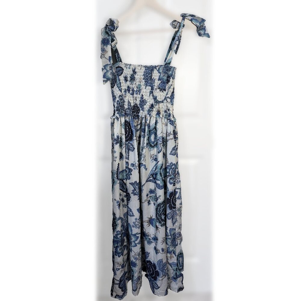 Summer white & blue floral pattern Tie straps Midi Dress Size Medium